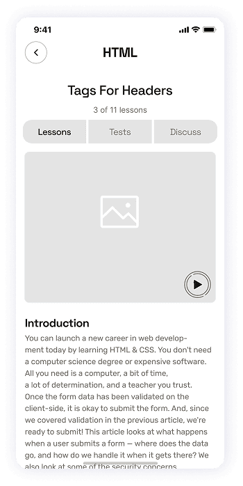 HTML lesson screen wireframe for EasyCoursy
