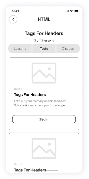 Wireframe of the EasyCoursy app-s HTML test screen