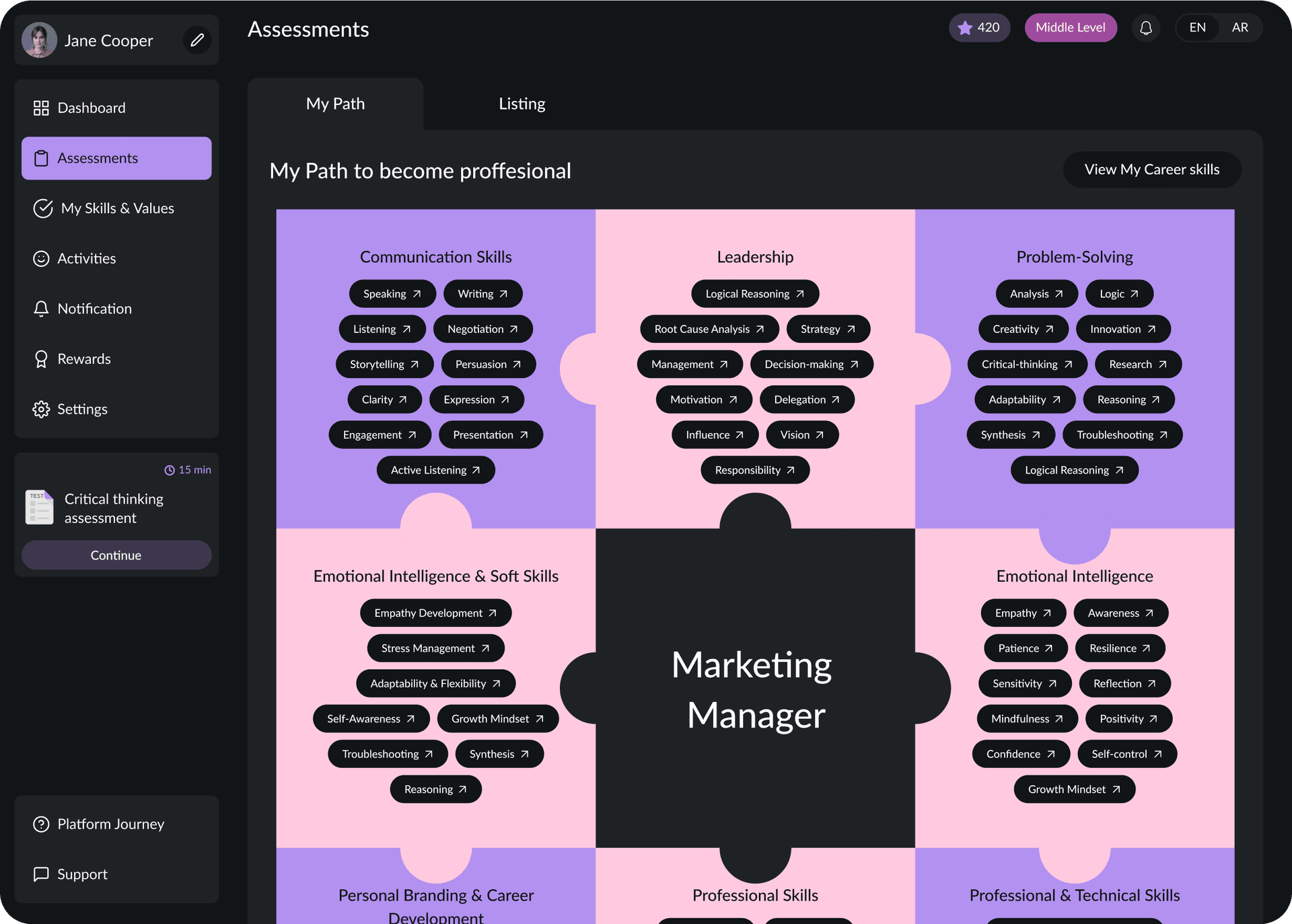 UI design of SkillForge assessments screen