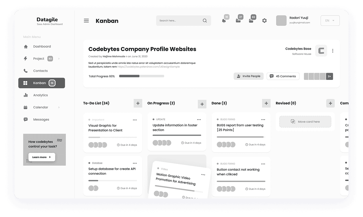 Wireframe of Datagile Kanban dashboard
