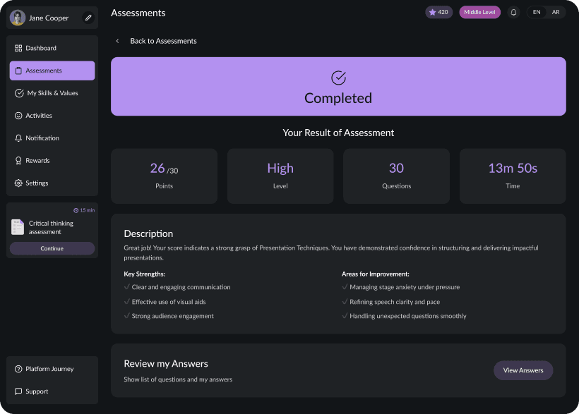 UI design of SkillForge assessments results page