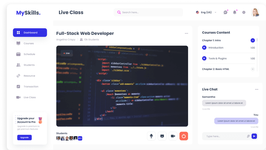 UI design of MySkills live class page