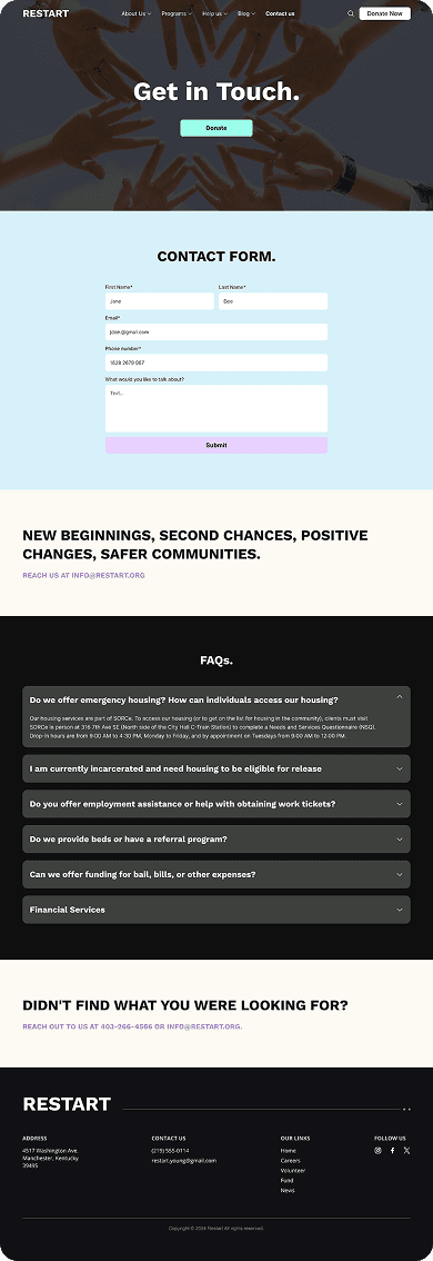 UI design of RESTART contact page