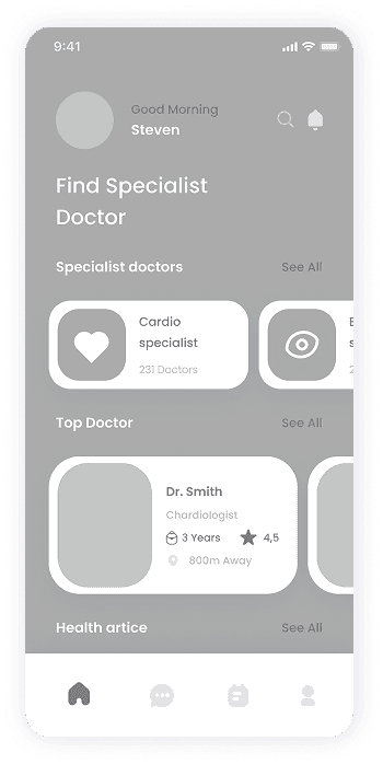 Wireframe of the E-doctor app-s doctor discovery screen
