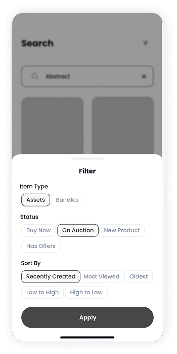 NFT Store search filters screen wireframe