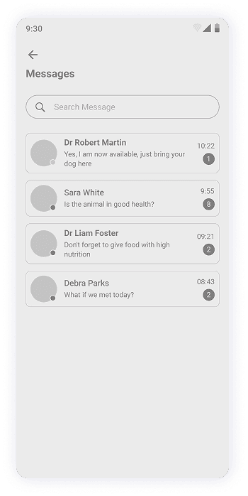 MyPet app messages screen wireframe
