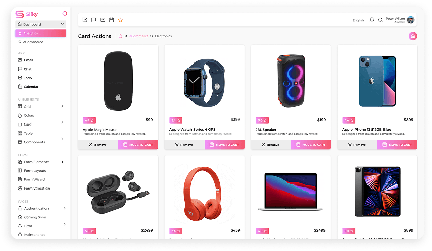 Sliky CRM dashboard displaying products
