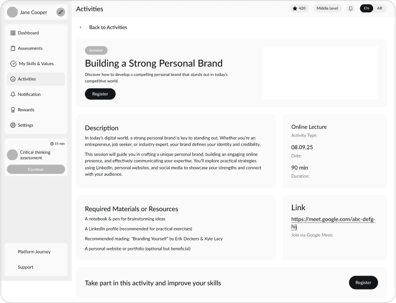 Wireframe of SkillForge activities page displaying a seminar