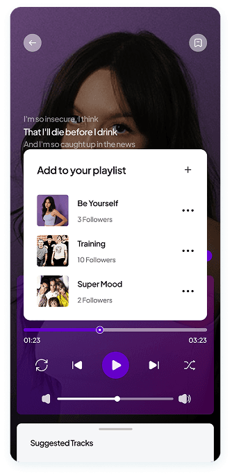UI design of Muzz app music player with add to playlist popup