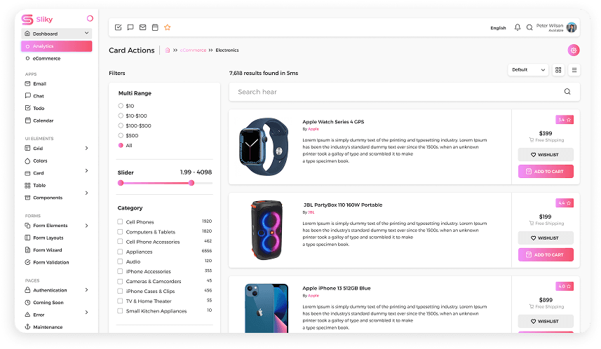 Sliky CRM dashboard with product category cards and filters