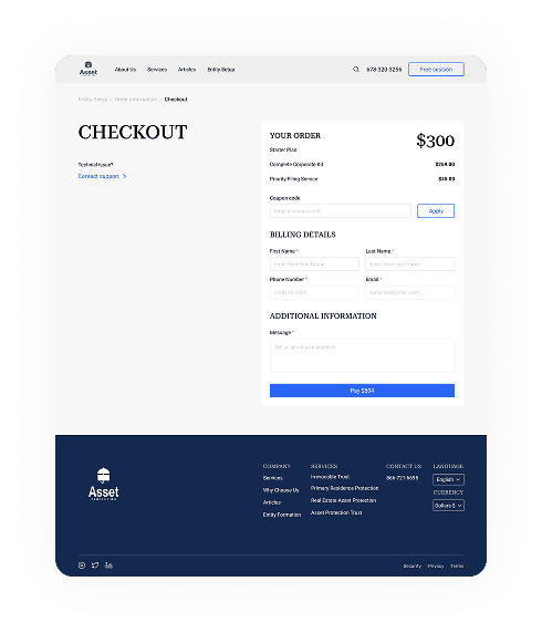 UI design of the Asset Protection checkout page