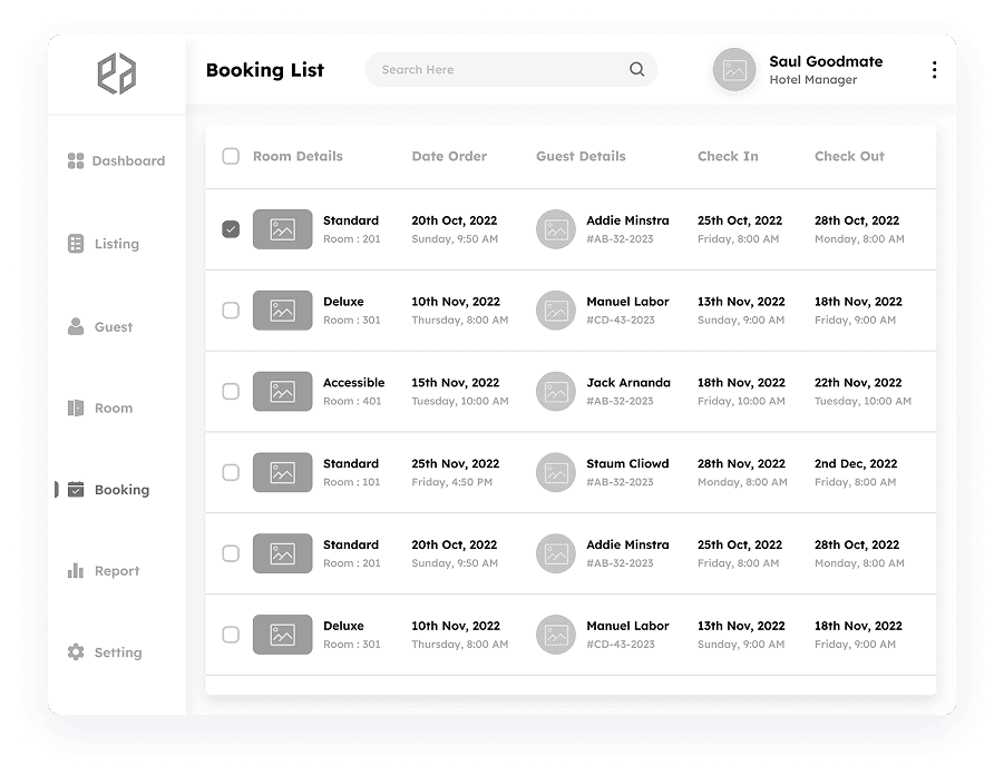 Wireframe of the booking management page in Elite Station CRM