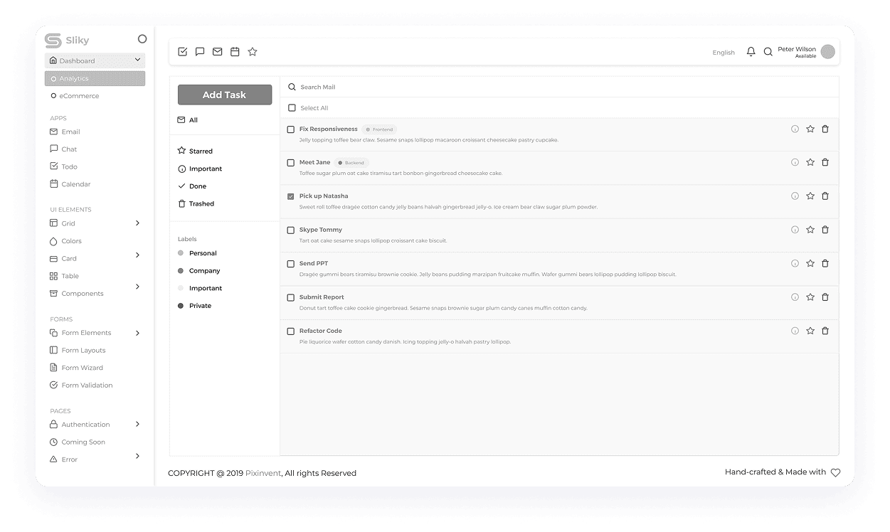 Wireframe mockup of a Sliky CRM task management dashboard screen