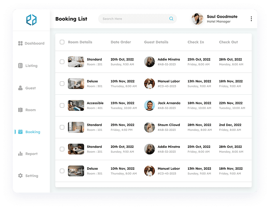 UI design of the booking list page in Elite Station CRM
