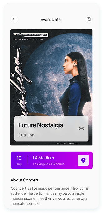 UI design of Muzz app event detail screen