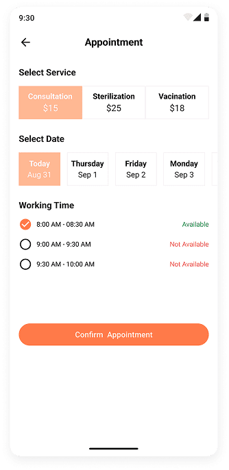 MyPet app appointment screen UI design