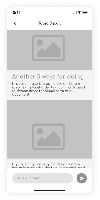Wireframe of ShareFit app topic detail screen
