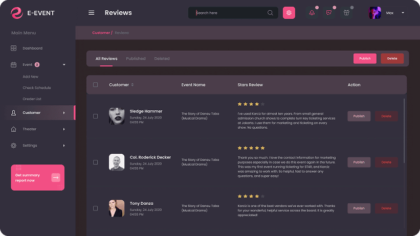 E-Event CRM software review management dashboard