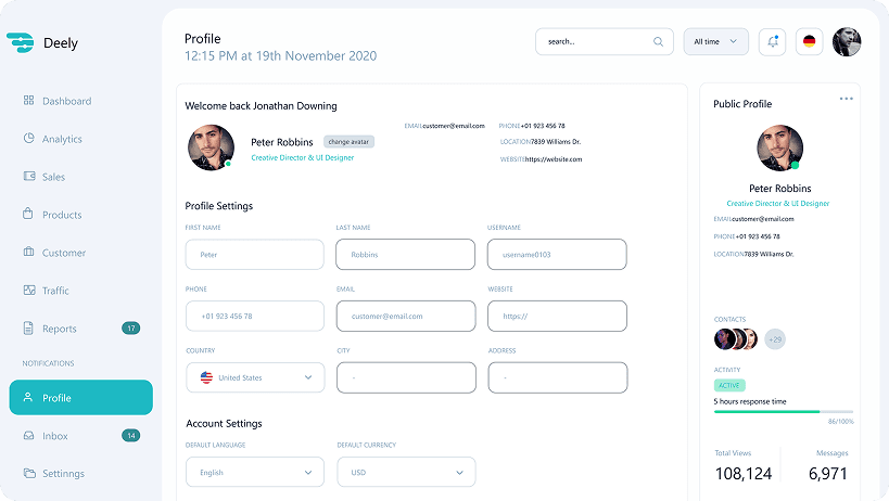 Deely profile dashboard design