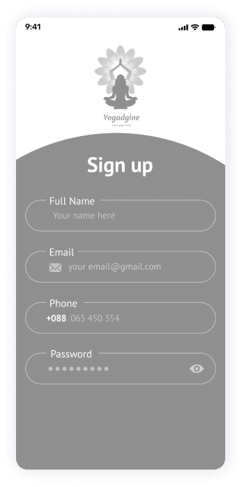 Wireframe of the Yogadgine app sign up screen