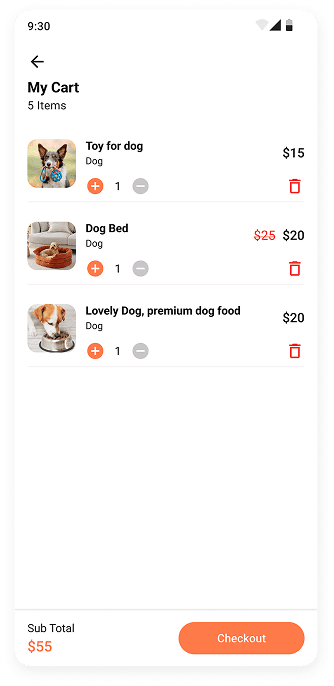 MyPet app cart screen UI design