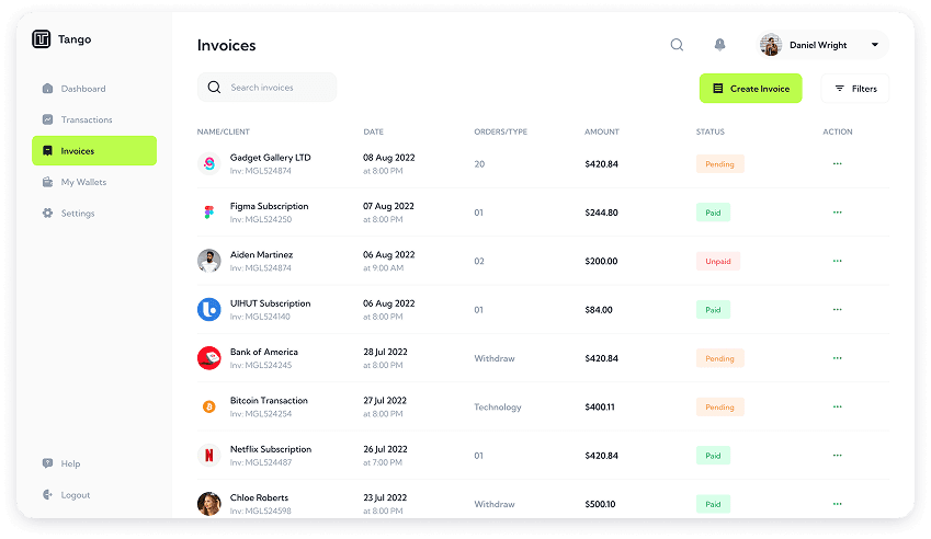 Invoices section UI design of Tango app
