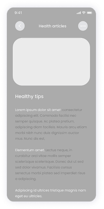Wireframe of the E-doctor app-s health articles screen