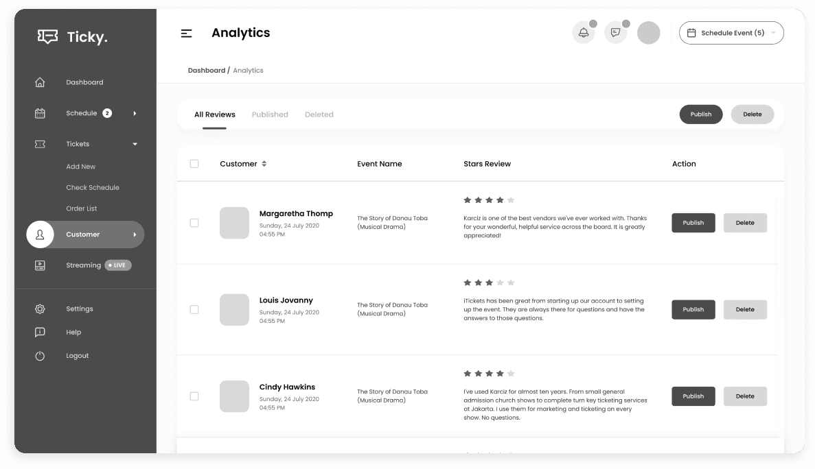 Wireframe of Ticky CRM reviews management screen