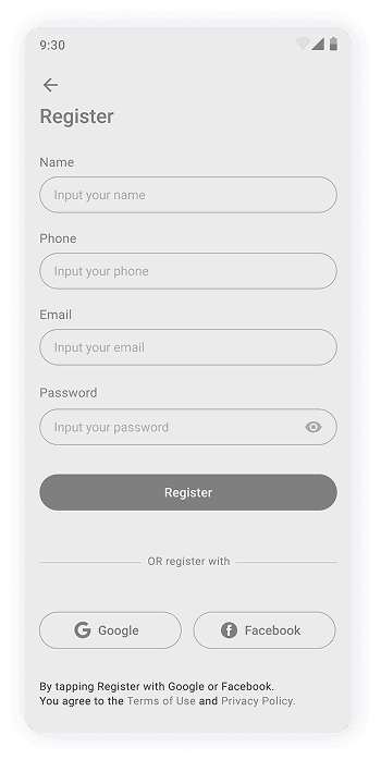 MyPet app registration screen wireframe