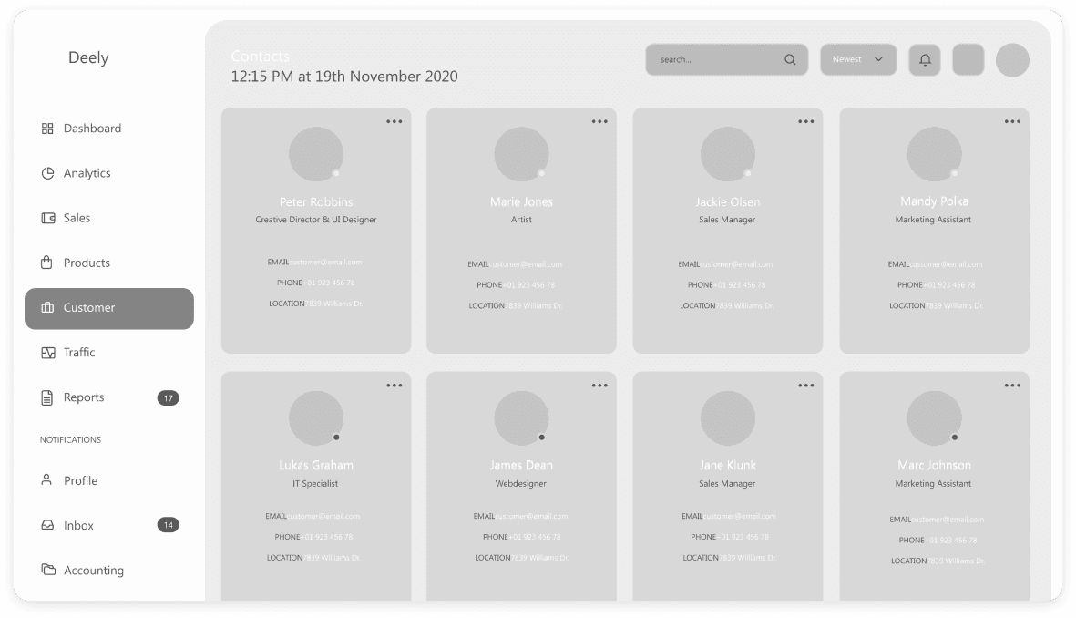 Wireframe of Deely customer dashboard screen
