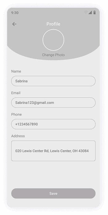 MyPet app profile screen wireframe