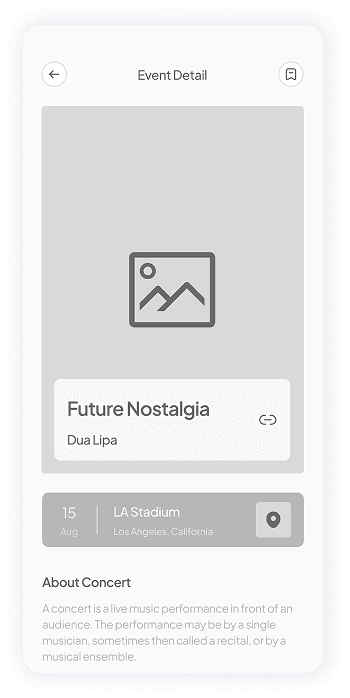 Muzz app event detail section wireframe