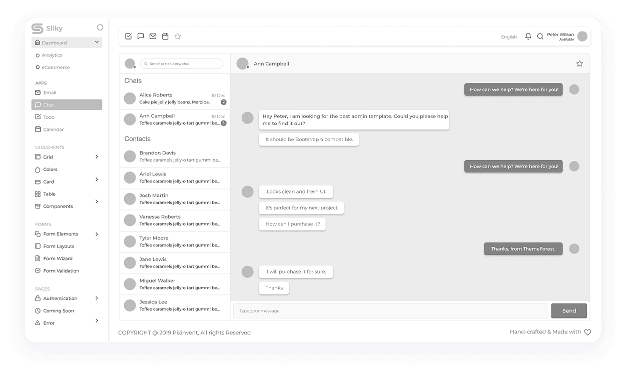 Wireframe mockup of a Sliky CRM chat dashboard screen