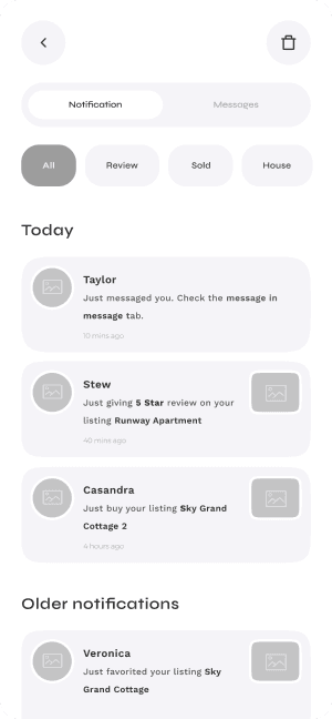 Wireframe of Turveyor notifications page