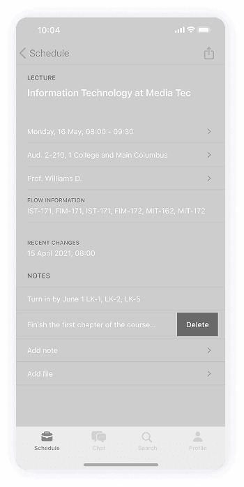 University Student app wireframe of the lecture detail screen