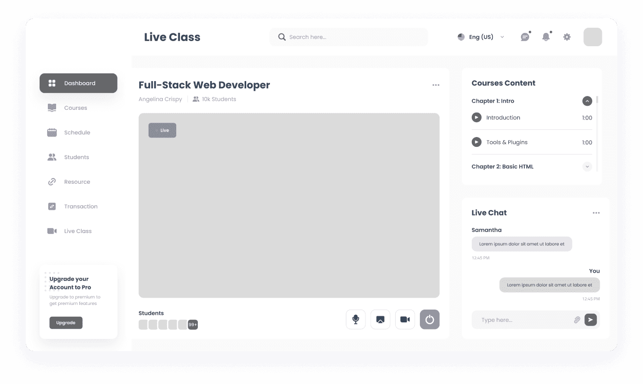 Wireframe of the MySkills live class page