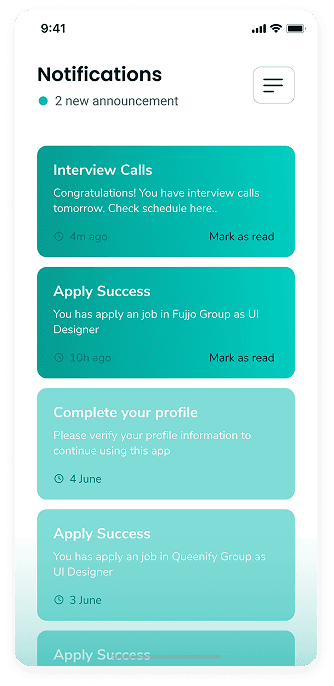 UI design of Rocket app-s notifications screen