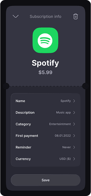 TrackEasy app-s user interface design for the subscription information screen