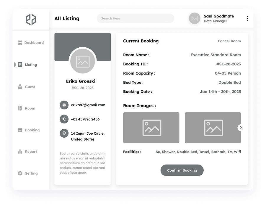 Wireframe of the booking overview page in Elite Station CRM