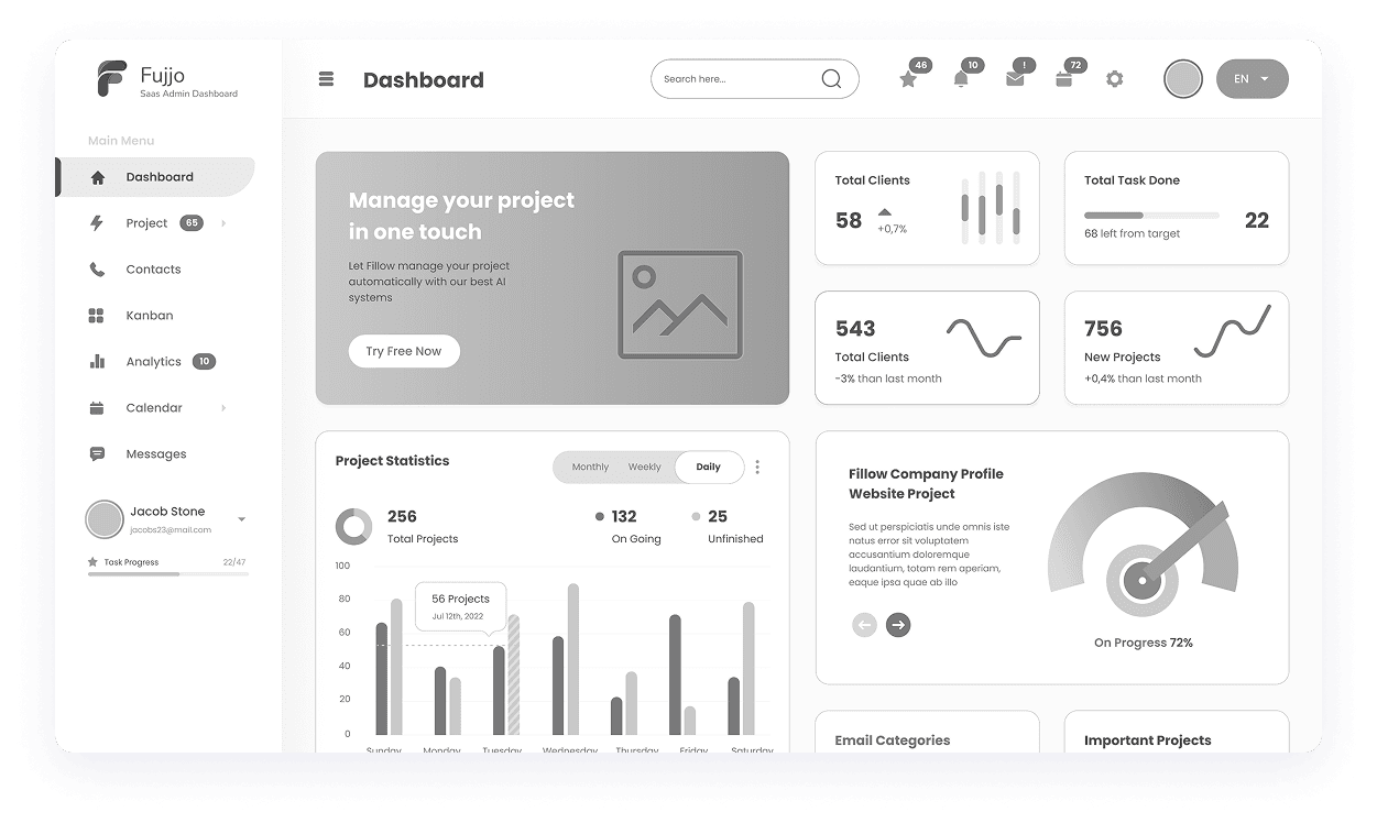 Fujjo main dashboard wireframe