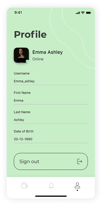 UI design of MoneyPay profile screen