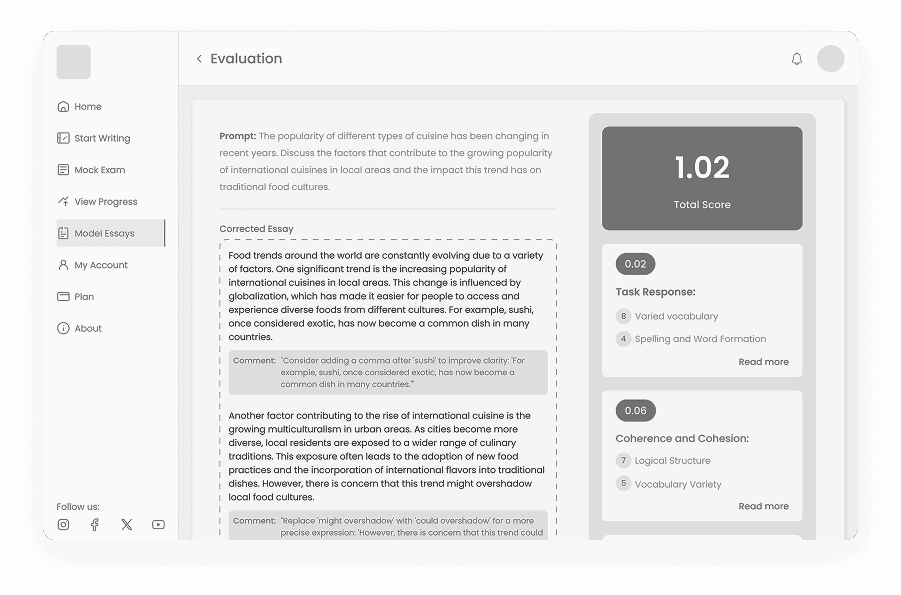 Wireframe of Writemaster essay evaluation screen