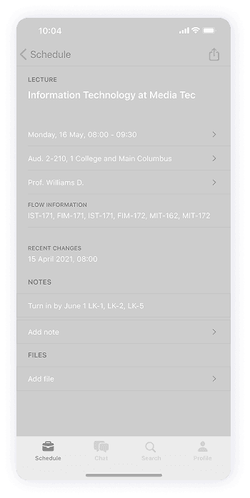 Wireframe design of the University Student app schedule screen