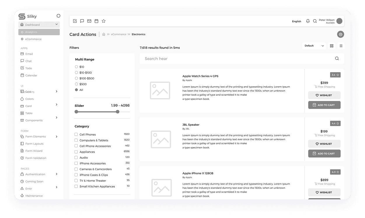 Sliky CRM card action dashboard with filters and search