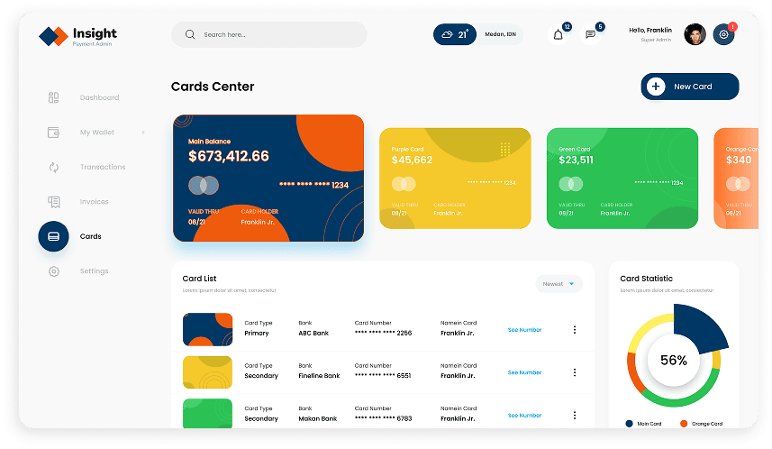 Insight CRM cards center dashboard UI design
