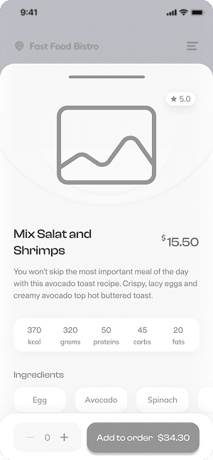 Wireframe of Have Meal’s detailed view for dish selection and ordering