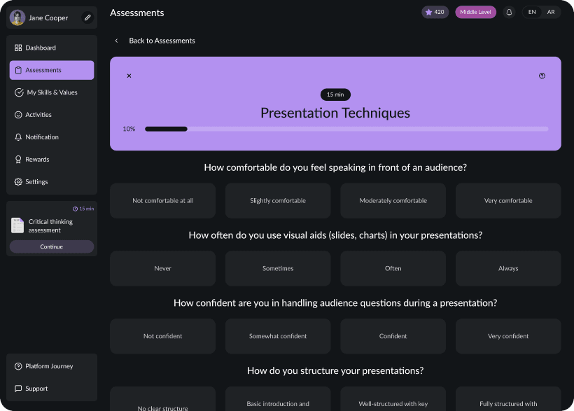 UI design of SkillForge presentation techniques with progress