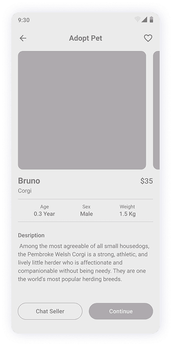 Adopt pet screen wireframe of MyPet app