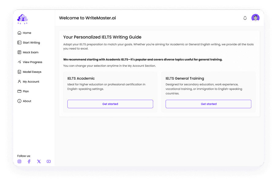 UI design of Writemaster personalized IELTS guide page