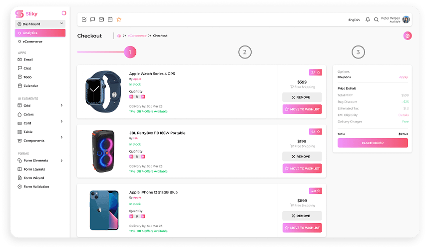 Sliky CRM checkout process screen shopping cart summary